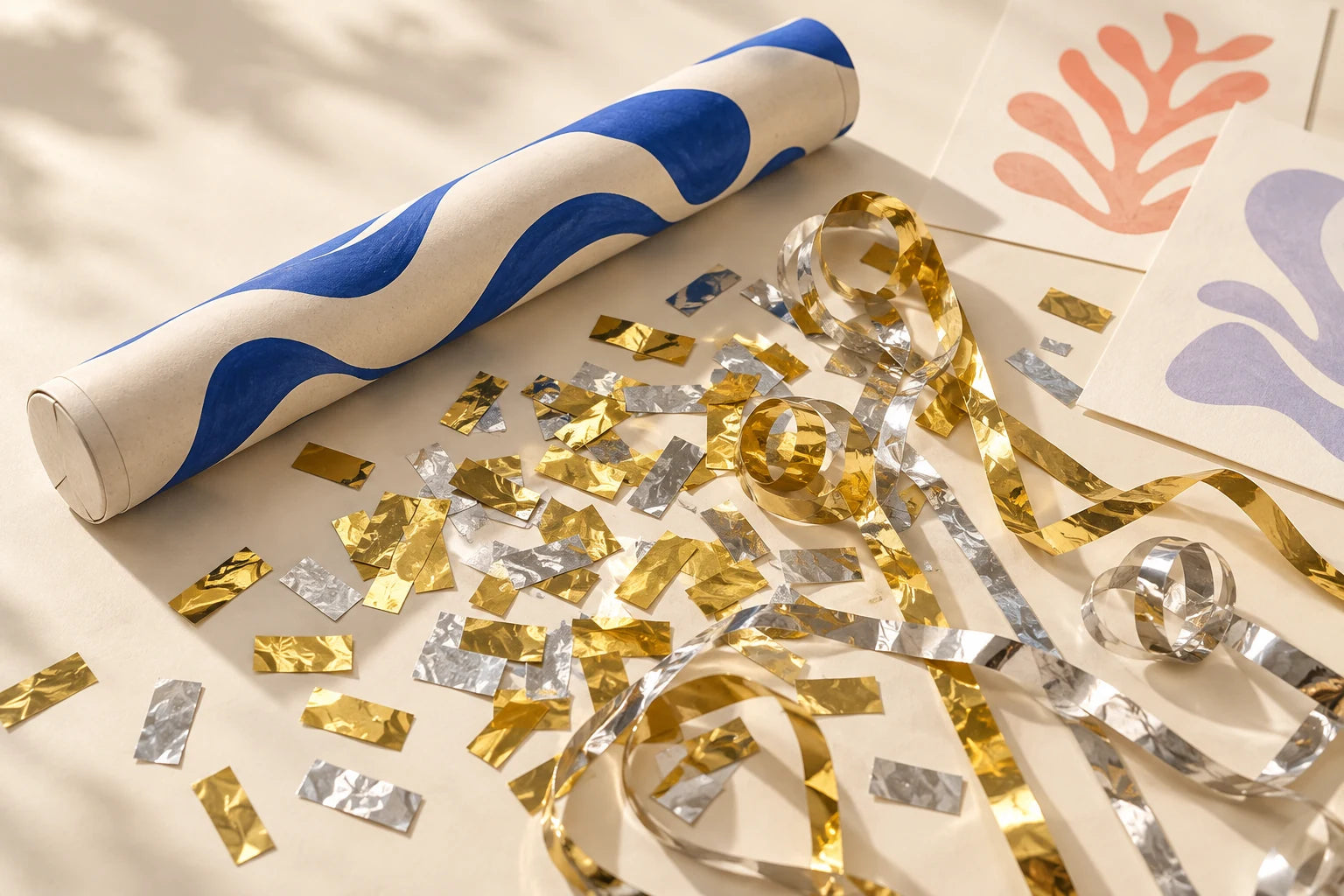 A selection of colorful confetti and metallic streamers arranged as design inspiration