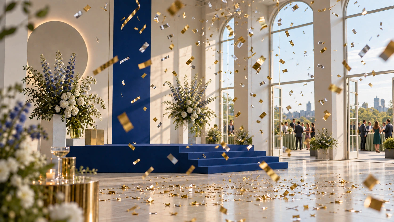 Gold and silver confetti falling beside a blue event stage, with guests mingling on the terrace