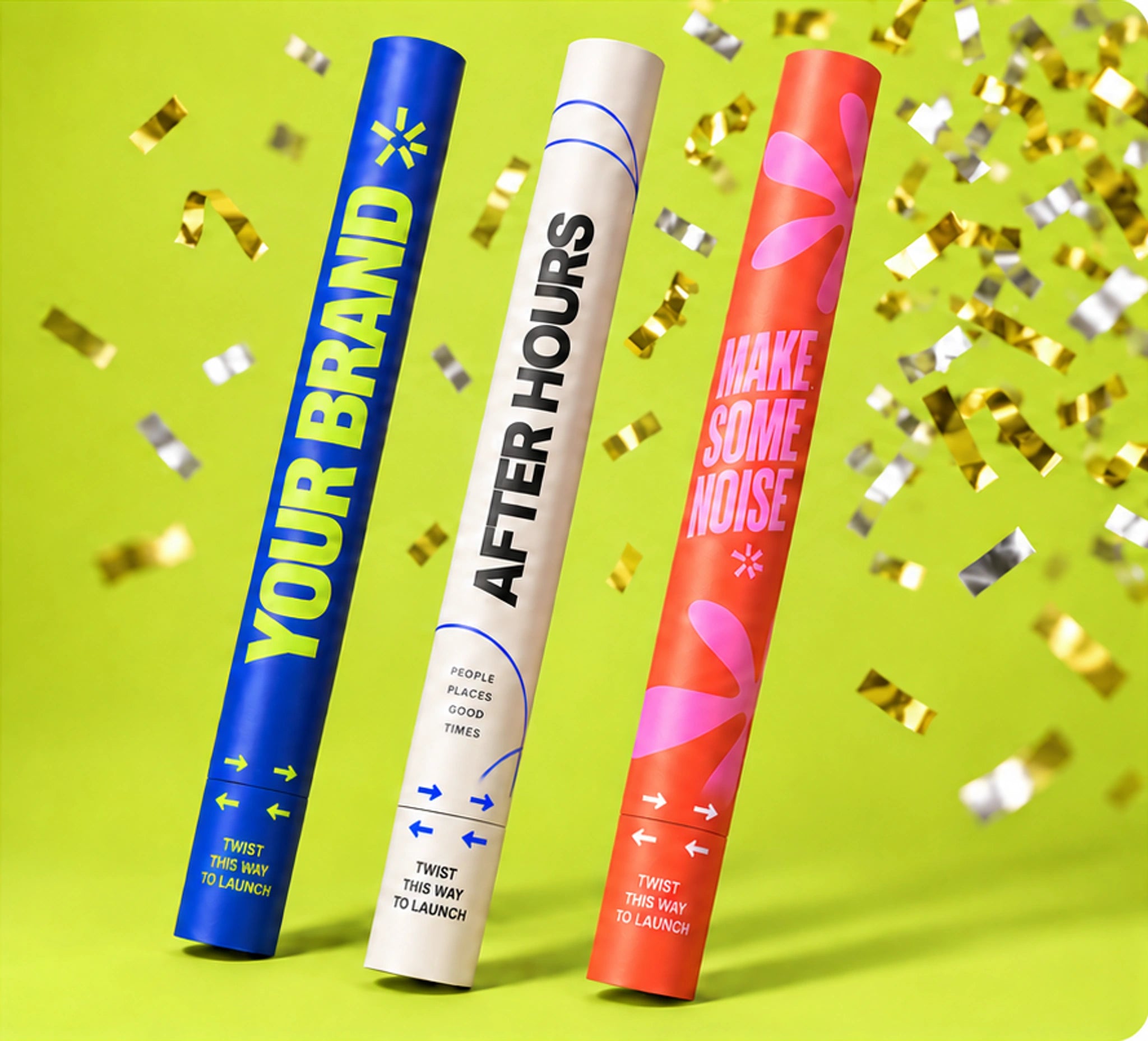 Three custom-made confetti cannons in blue, white and orange with gold and silver confetti